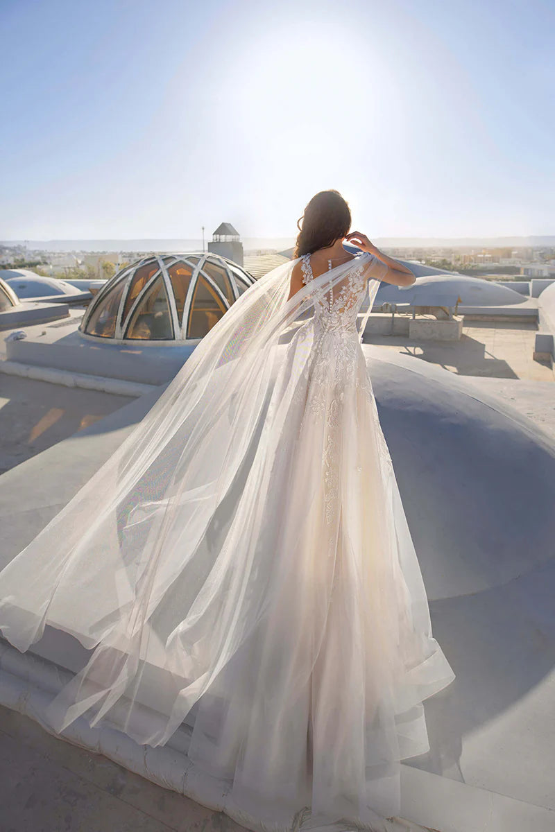 A Line V Neck Lace Appliques Wedding Dress