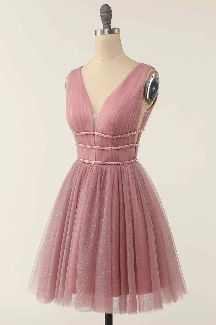 A-Linie V-Ausschnitt Ärmelloses Homecoming-Kleid mit Perlen