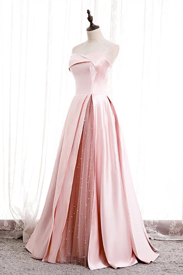 A-line Strapless Satin Lace-Up Pearl Beaded Formal Dress with Slit