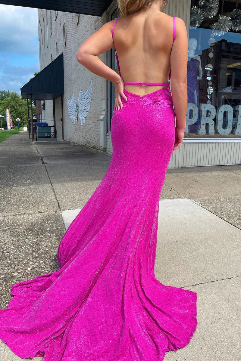 Mermaid Sparkly V Neck Fuchsia Sequins Long Prom Dresses with Appliques