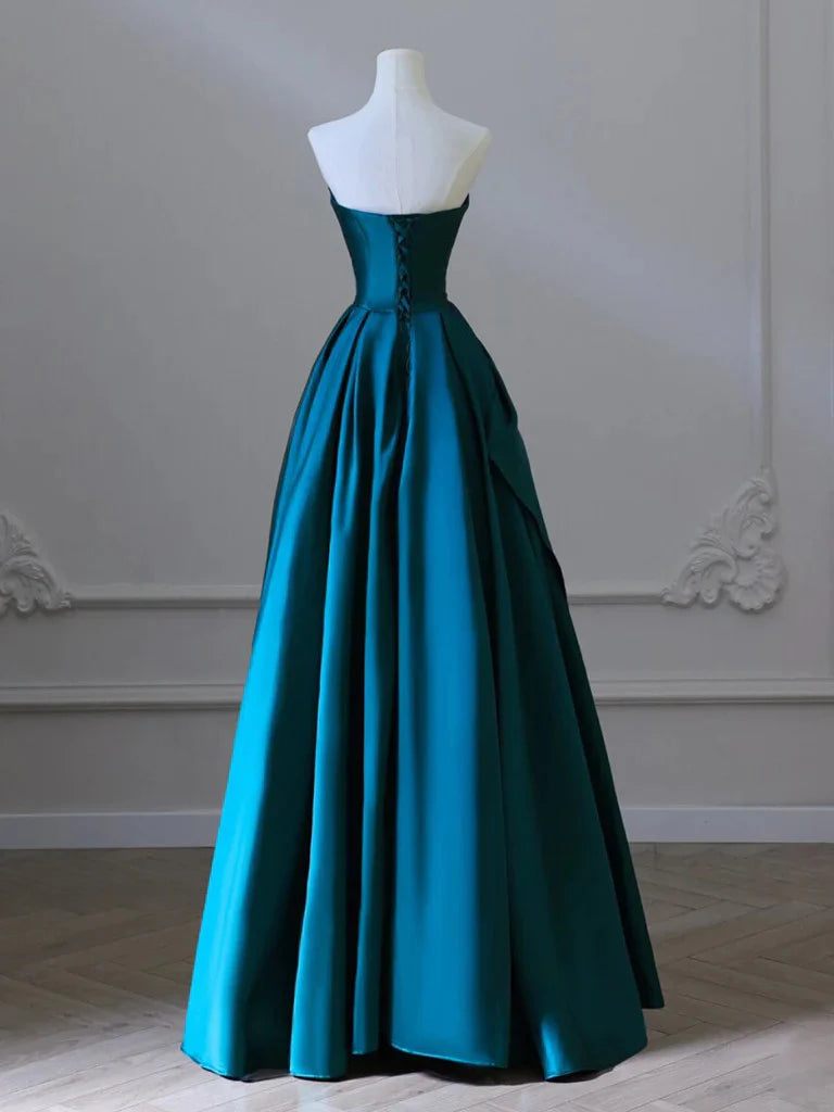 A Line Satin Strapless Long Prom Dresses
