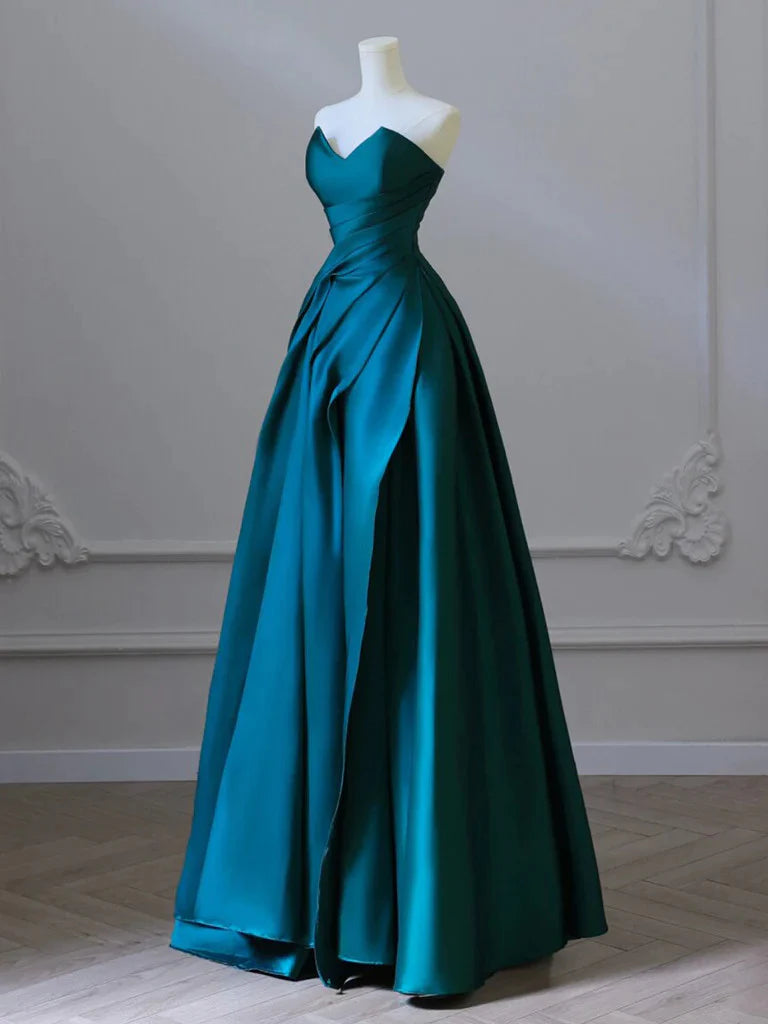 A Line Satin Strapless Long Prom Dresses