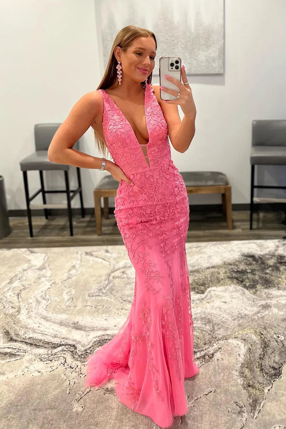 Mermaid Deep V Neck Long Prom Dress with Open Back