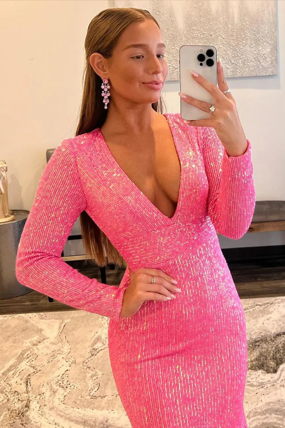 Sheath Deep V Neck Sequins Long Prom Dress with Split Front