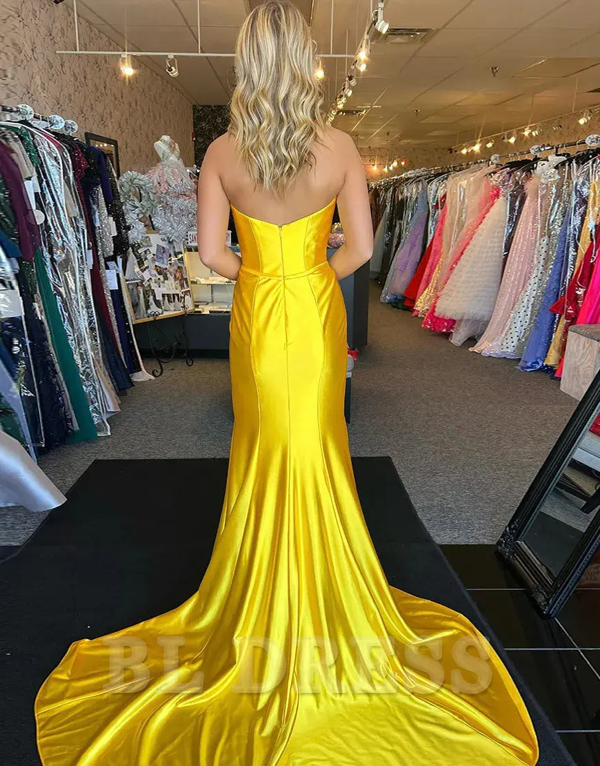 Mermaid Strapless Ruched Satin Yellow Long formal dresses Bridesmaid Dresses evening gown Prom Dress with Bow