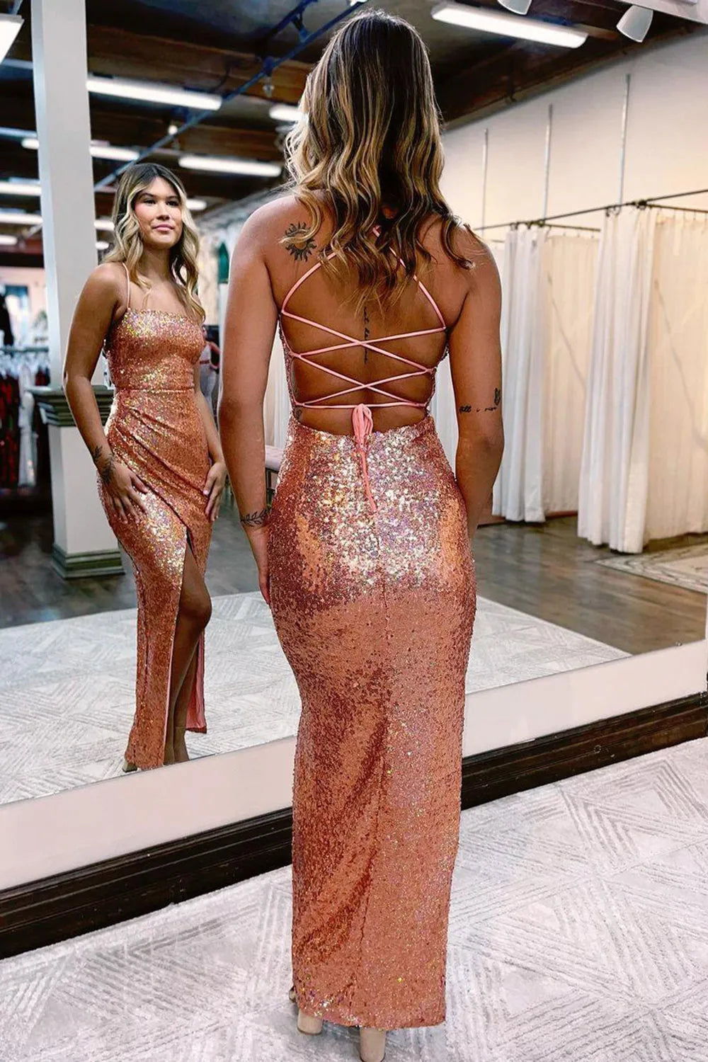 Sheath Spaghetti Straps Sequins Long Prom Dress with Split Front