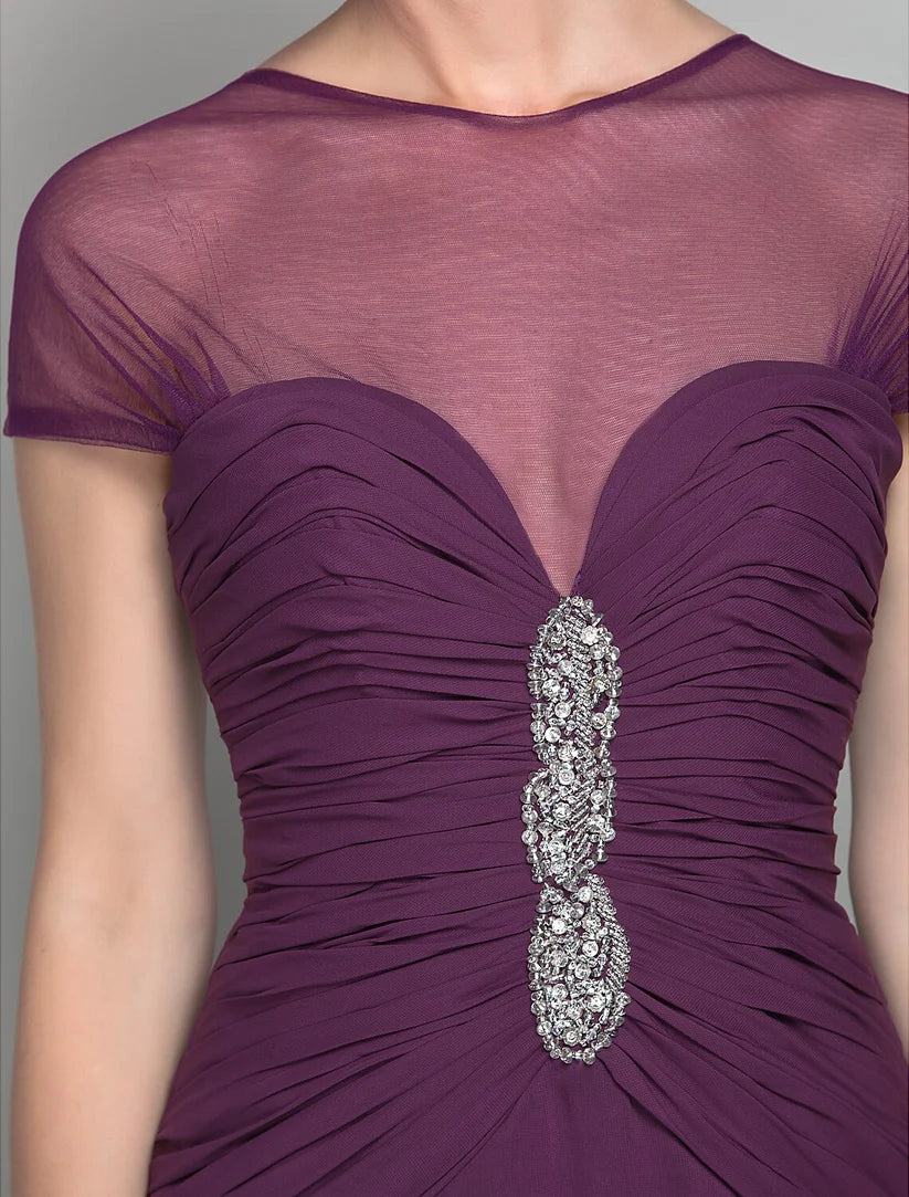 Sheath / Column Mother of the Bride Dress See Through Jewel Neck Sweep / Brush Train Chiffon Tulle Short Sleeve with Beading Side Draping