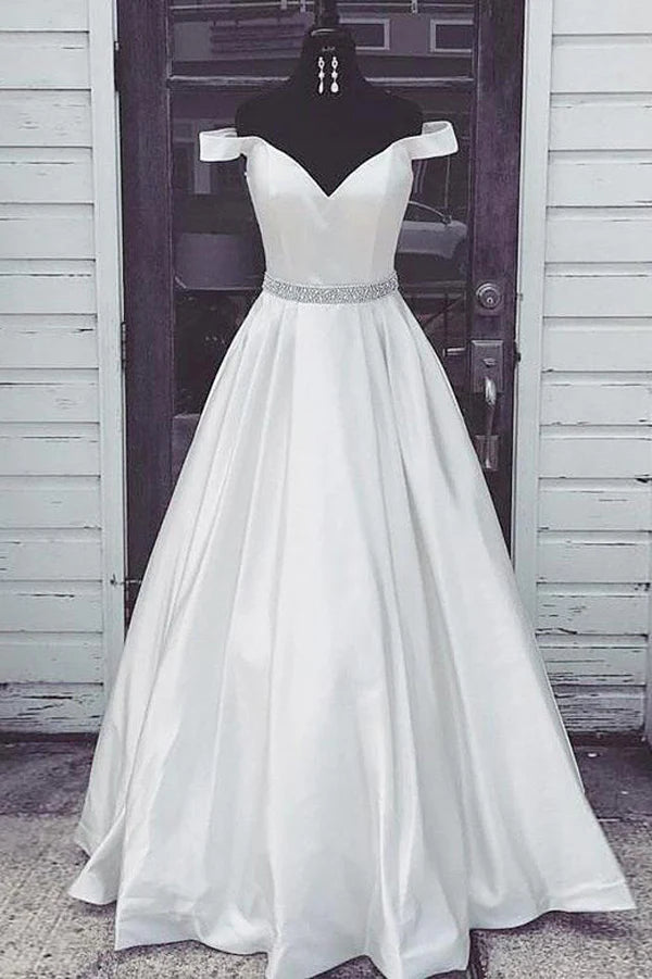 A-line Satin Off the Shoulder Long Prom Dresses with Beading Party Dresses