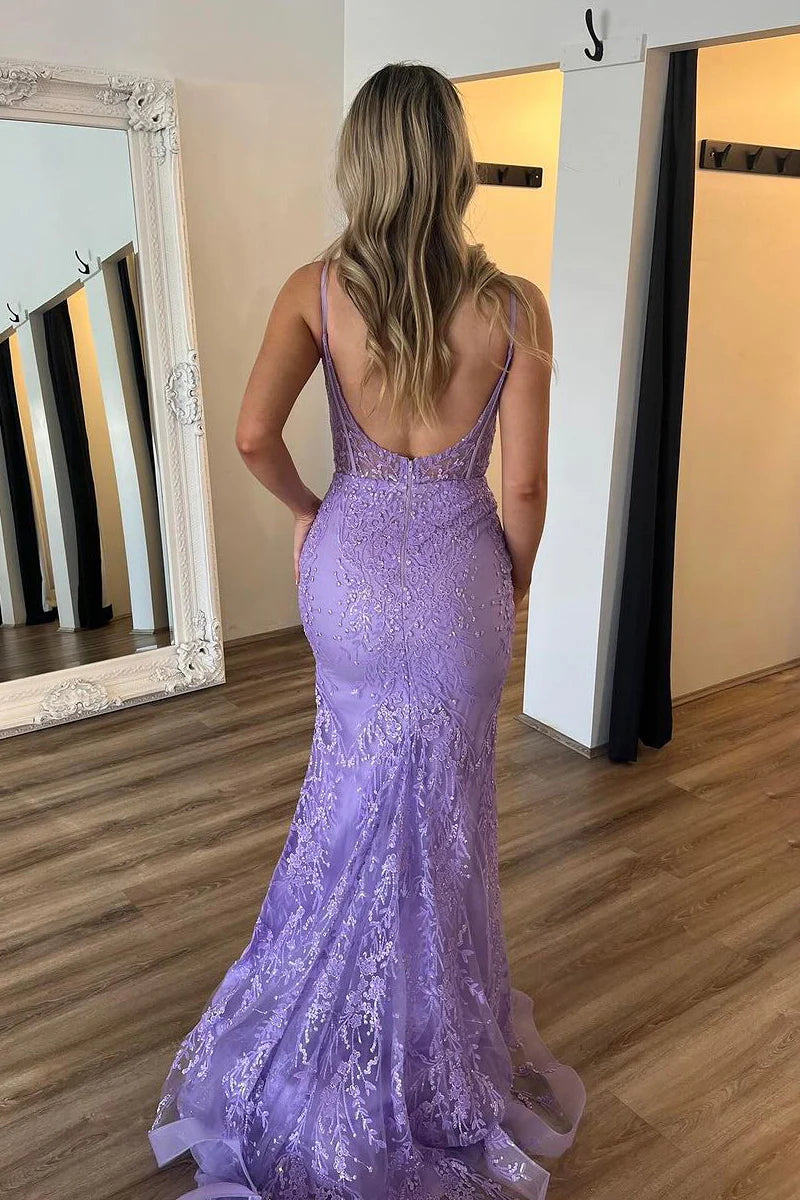 Mermaid Scoop Neck Long Lilac Prom Dress with Appliques