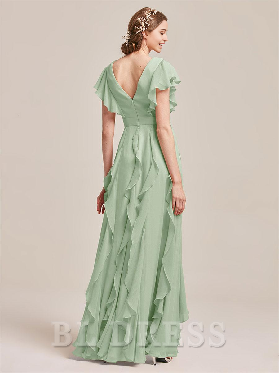 A-Line V-Neck Floor-Length Zipper Chiffon formal dresses Bridesmaid Dresses evening gown Prom Dress
