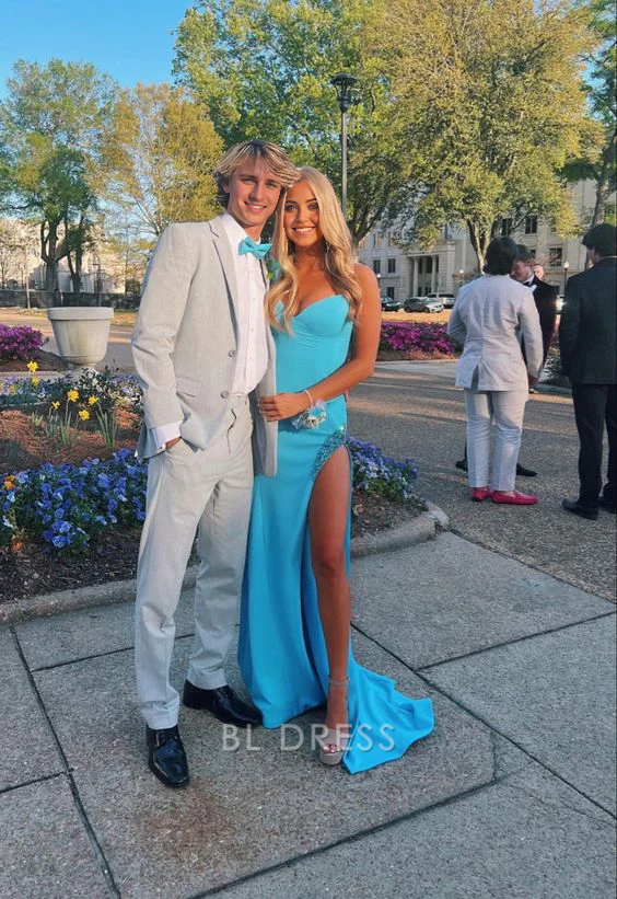 Sheath Elegant Blue formal dresses Bridesmaid Dresses evening gown Prom Dress With Slit