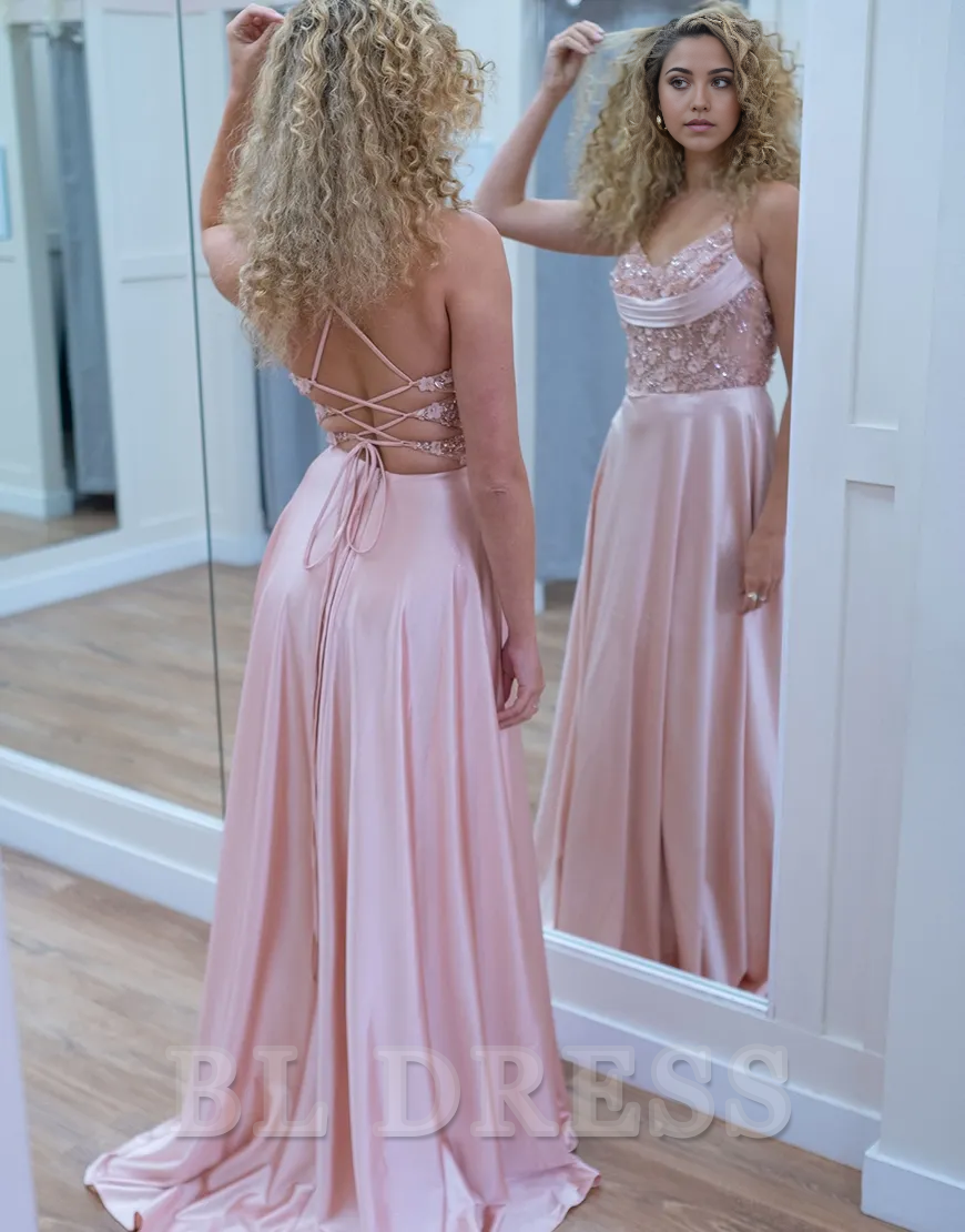 A-Line Sparkly Flowers Corset Spaghetti Straps Pink Long formal dresses evening gown Prom Dress