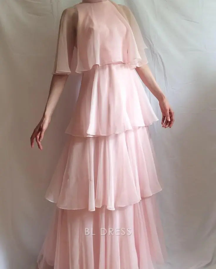 A Line Tiered Pink Chiffon formal dresses Bridesmaid Dresses evening gown Prom Dress