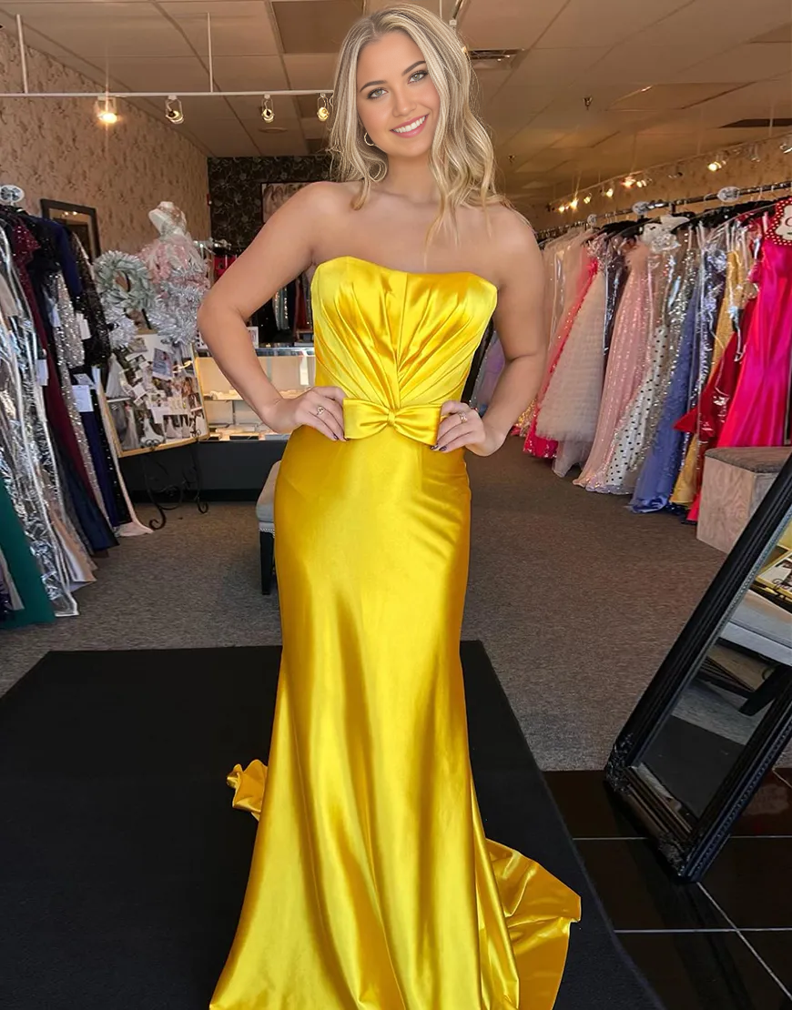 Mermaid Strapless Ruched Satin Yellow Long formal dresses Bridesmaid Dresses evening gown Prom Dress with Bow