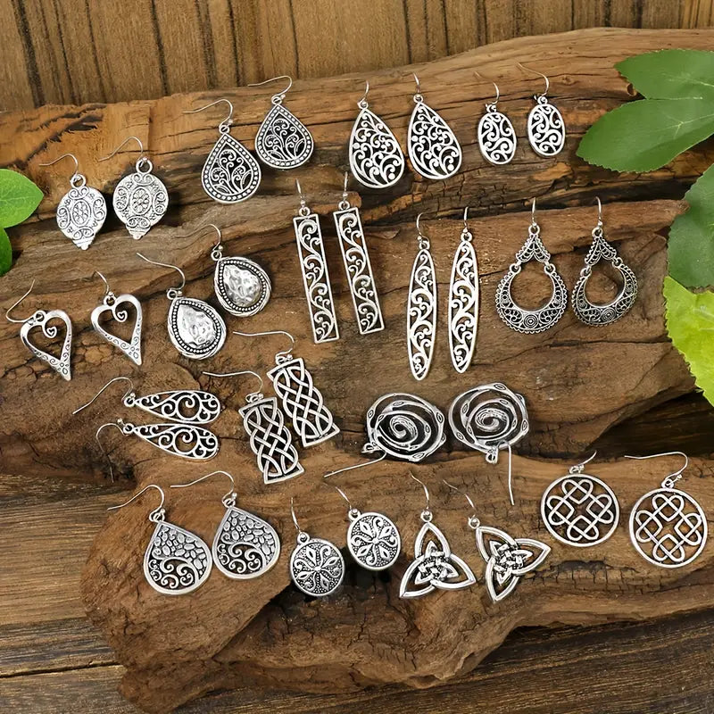 16 Pairs / Set Silvery Pattern Dangle Earrings Retro Ethnic Style Zinc Alloy Jewelry Holiday Tourism Souvenir