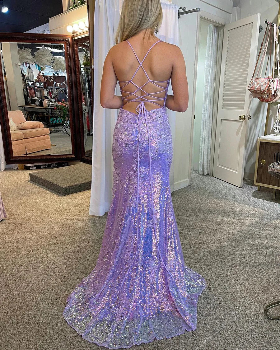 Mermaid V Neck Cute Sequins Prom Dresses with Slit