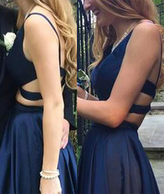 Two Pieces Formal V-neck Satin Sweep Dresses Prom Dresses