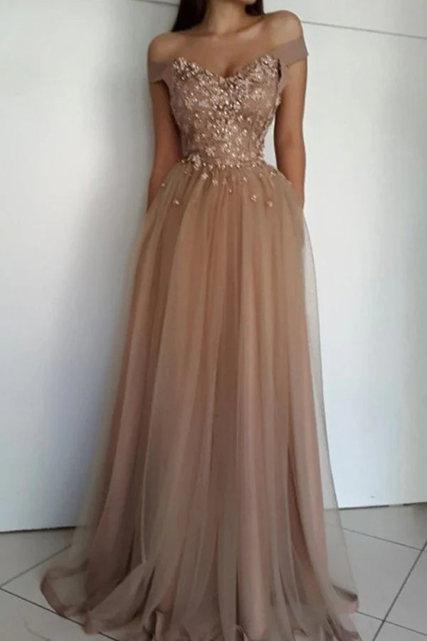 A-line Off the Shoulder Lace Beaded Long Prom Dresses Sweetheart Evening Dresses