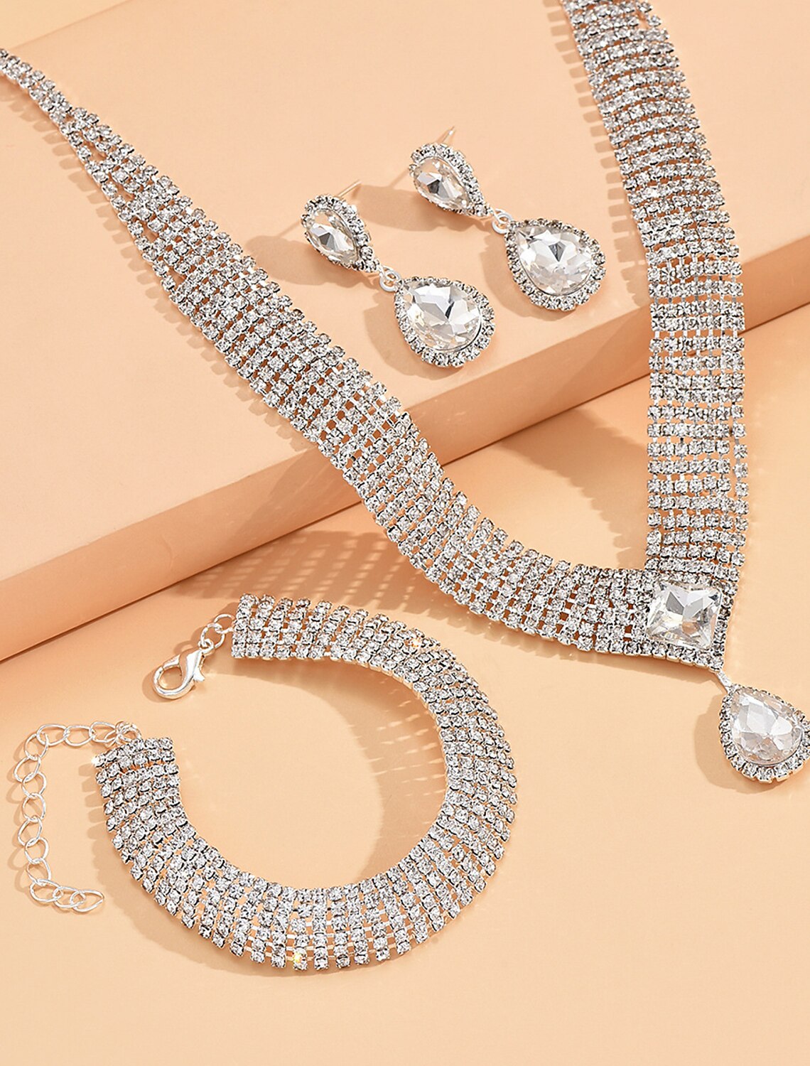 Bridal Jewelry Sets 1 set Imitation Diamond Alloy 1 Necklace 1 Bracelet Earrings Women's Simple Luxury Elegant Tennis Chain Jewelry Set For Wedding Gift