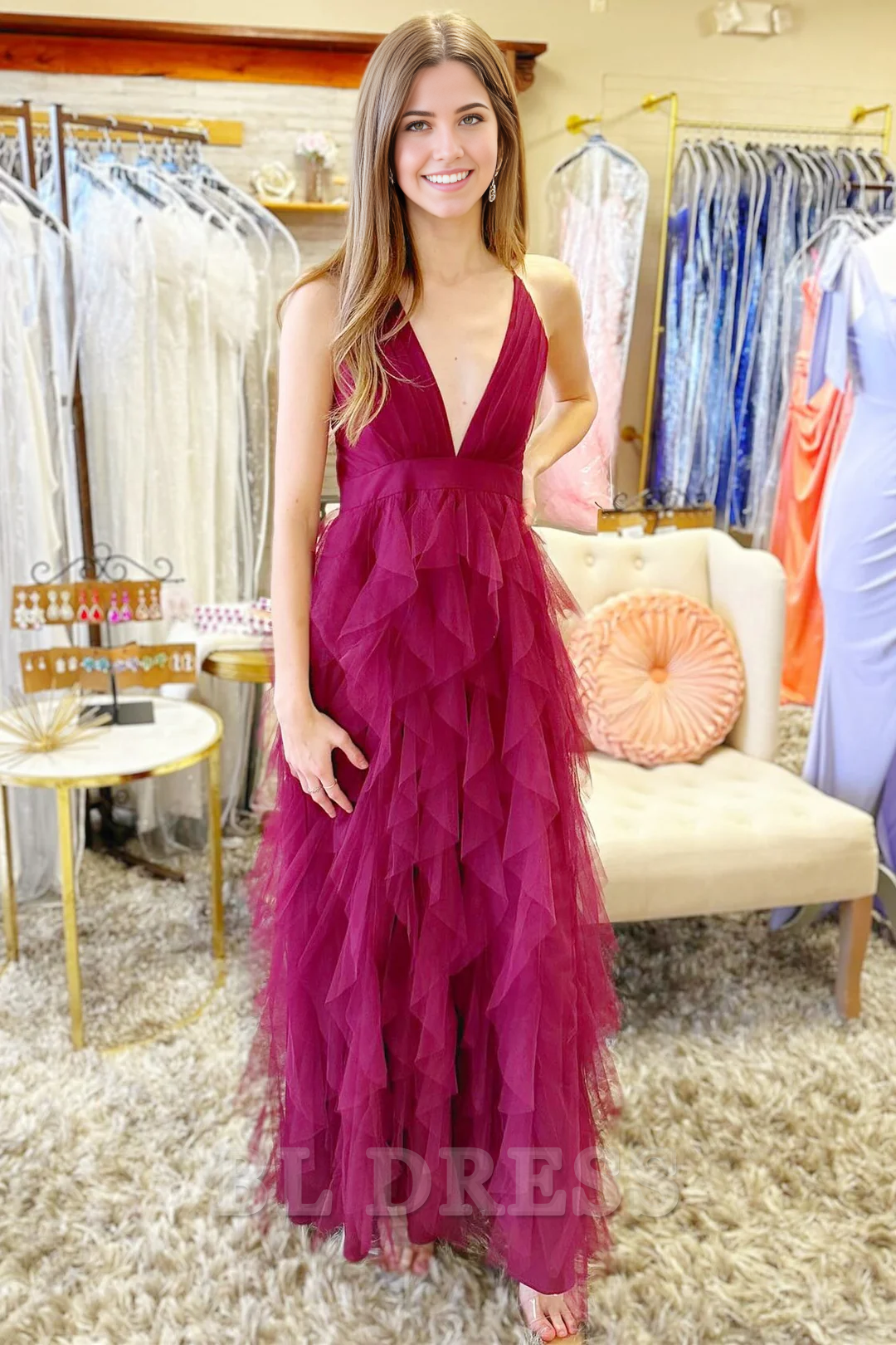 A-line Deep V Cross-Back Plunge V Ruffle formal dresses evening gown Prom Dress