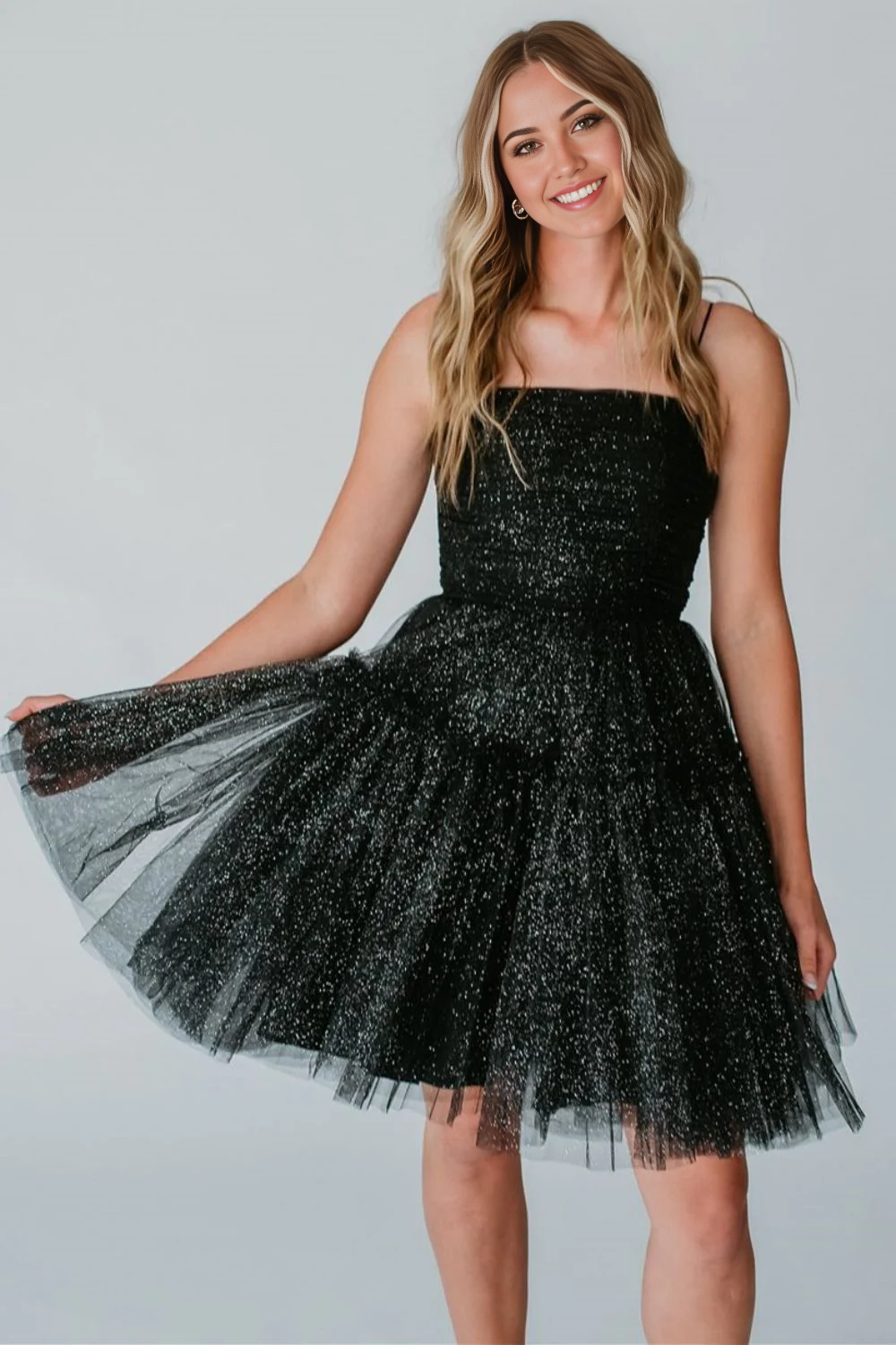A-Linie Spaghettiträger Glitzer Schwarz Schnürung Kurz Tüll Abendkleider Abendkleid Ballkleid Homecoming-Kleid 