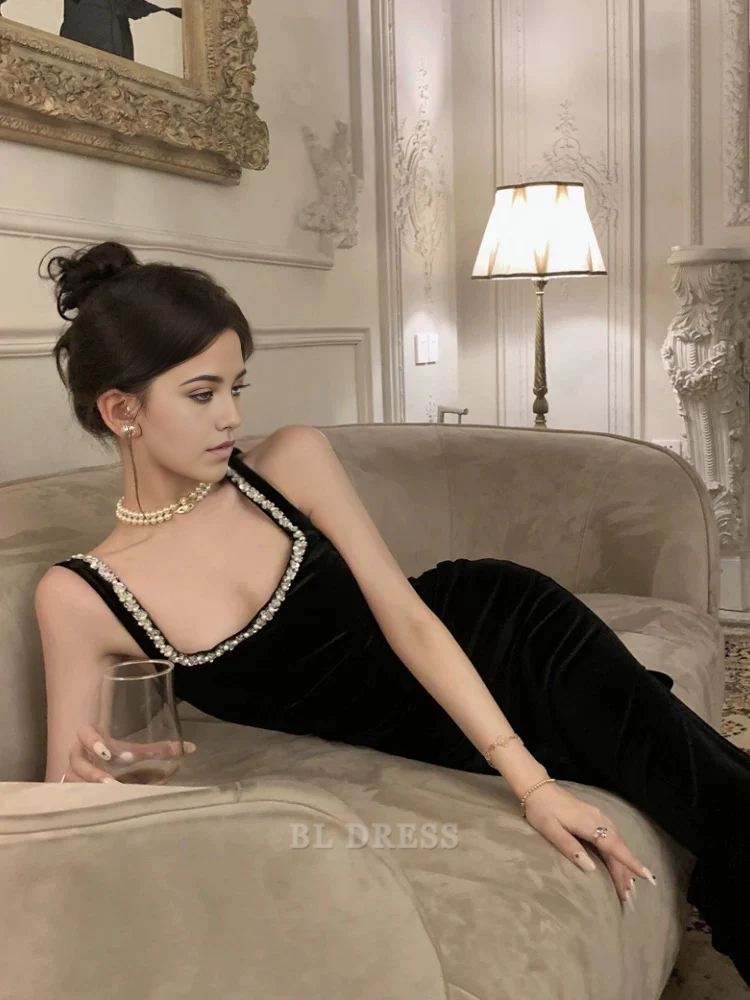 Sheath Vintage Straps Black Velvet Long formal dresses Bridesmaid Dresses evening gown Prom Dress