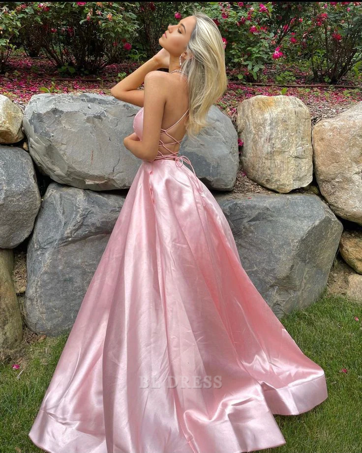 A Line Spaghetti Straps Strapless Light Pink Satin formal dresses Bridesmaid Dresses evening gown Prom Dress