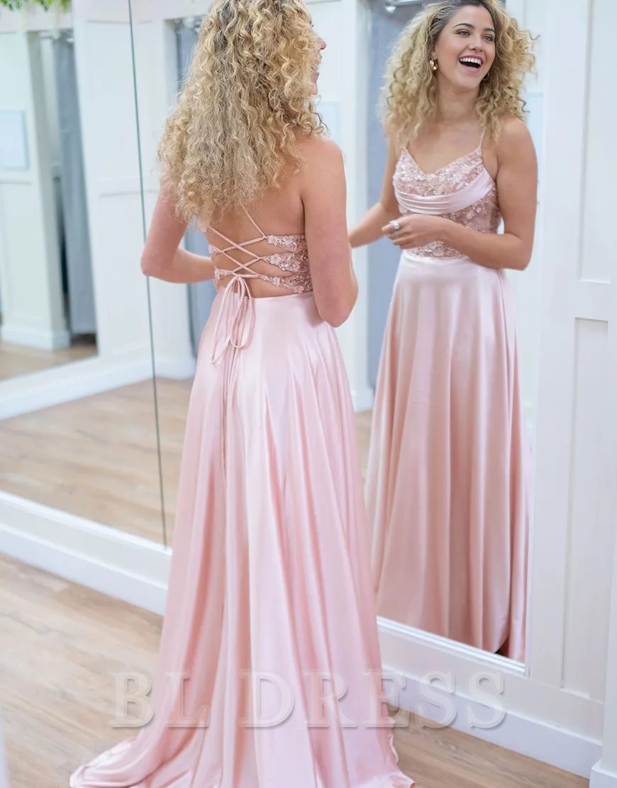 A-Line Sparkly Flowers Corset Spaghetti Straps Pink Long formal dresses evening gown Prom Dress