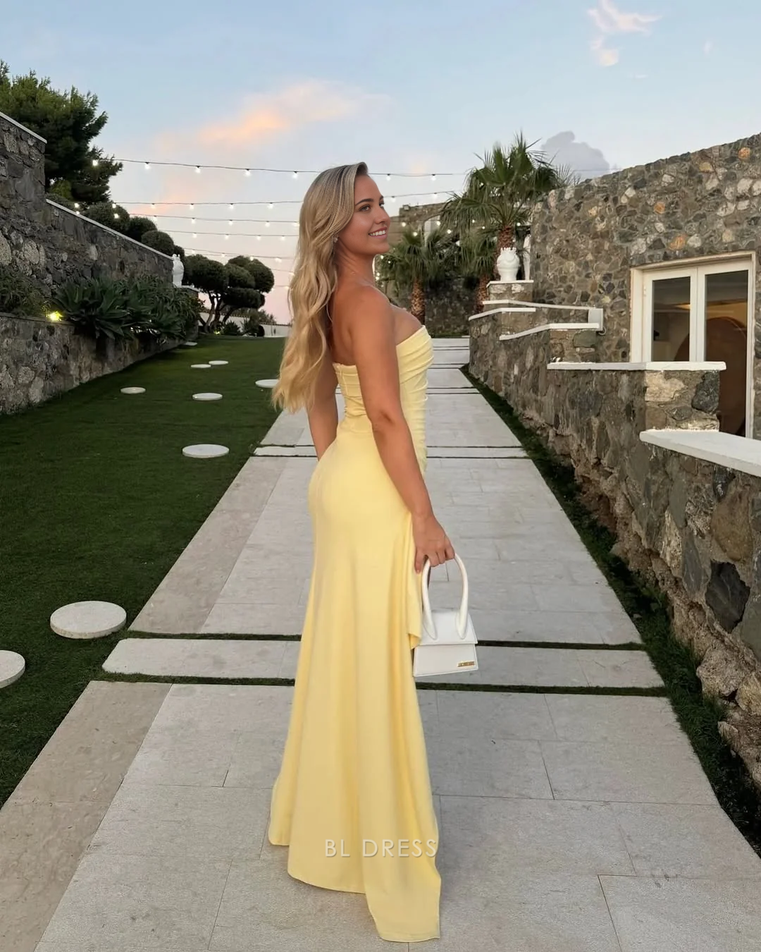 Sheath Strapless Yellow Slit Long formal dresses Bridesmaid Dresses evening gown Prom Dress
