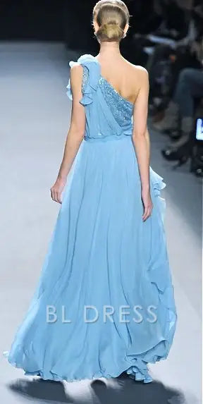 A Line One Shoulder Blue Chiffon formal dresses Bridesmaid Dresses evening gown Prom Dress