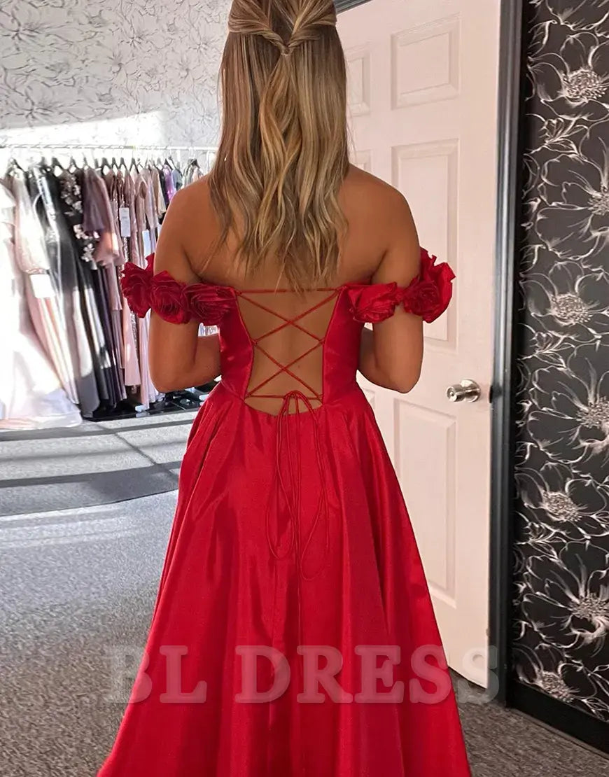 A-Line Flowers Off the Shoulder Corset Satin Red Long formal dresses Bridesmaid Dresses evening gown Prom Dress with Slit