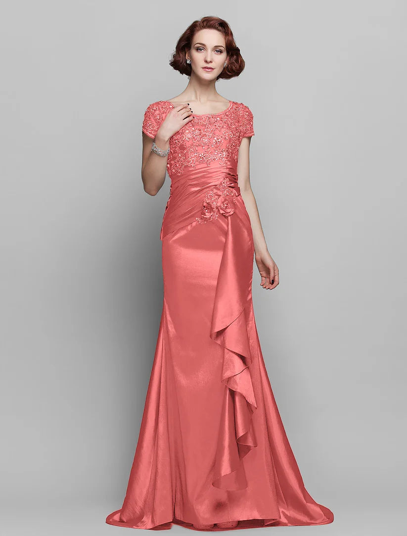 Mermaid / Trumpet Mother of the Bride Dress See Through Scoop Neck Sweep / Brush Train Taffeta Beaded Lace Short Sleeve with Flower