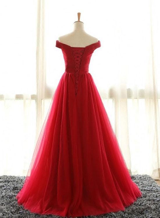 A Line Off Shoulder Floor Length Tulle Prom Dress Formal Dress