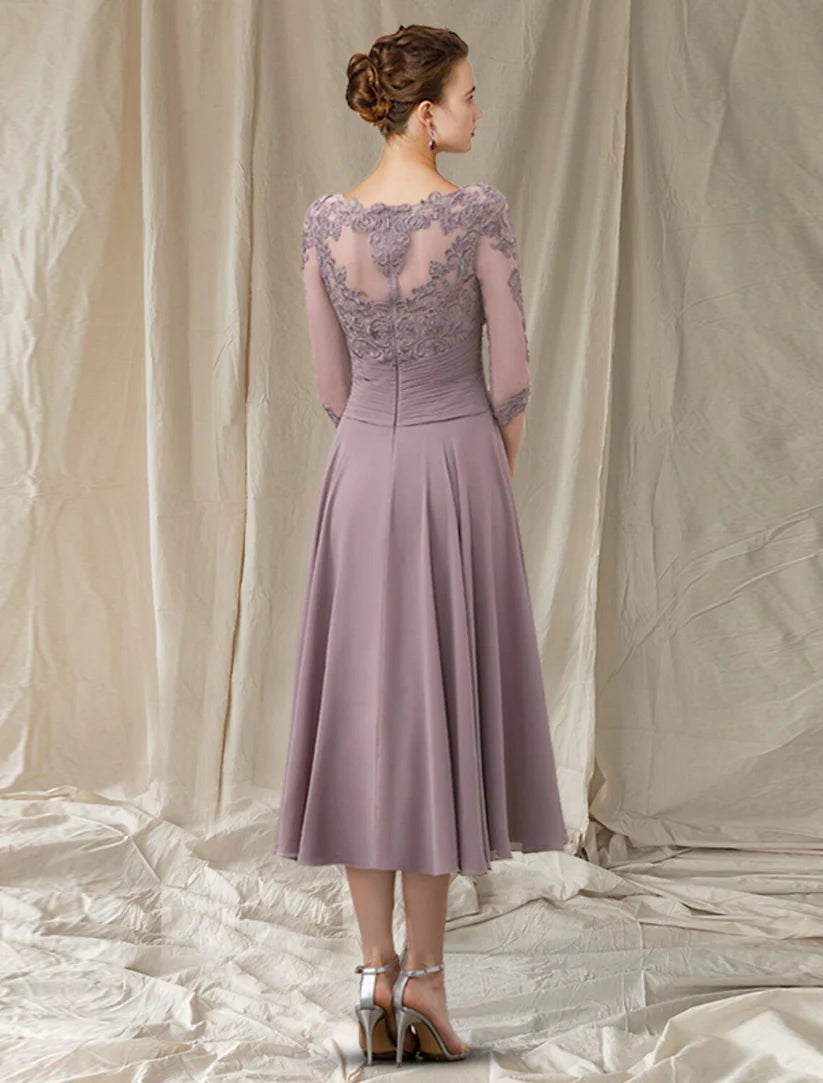 A-Line Mother of the Bride Dress Elegant Jewel Neck Tea Length Chiffon Lace Half Sleeve with Pleats Ruched Beading