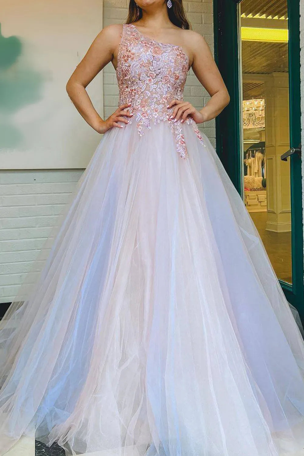A Line One Shoulder Long Prom Dress with Appliques