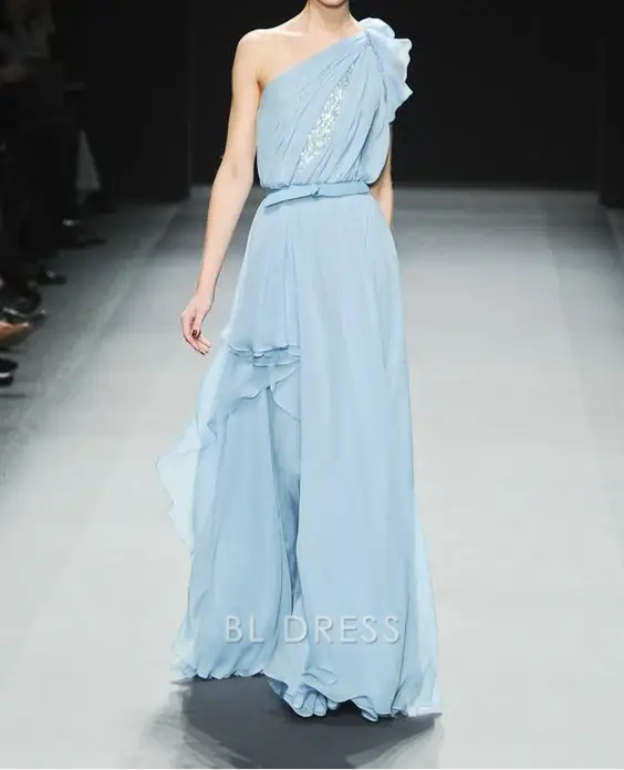 A Line One Shoulder Blue Chiffon formal dresses Bridesmaid Dresses evening gown Prom Dress