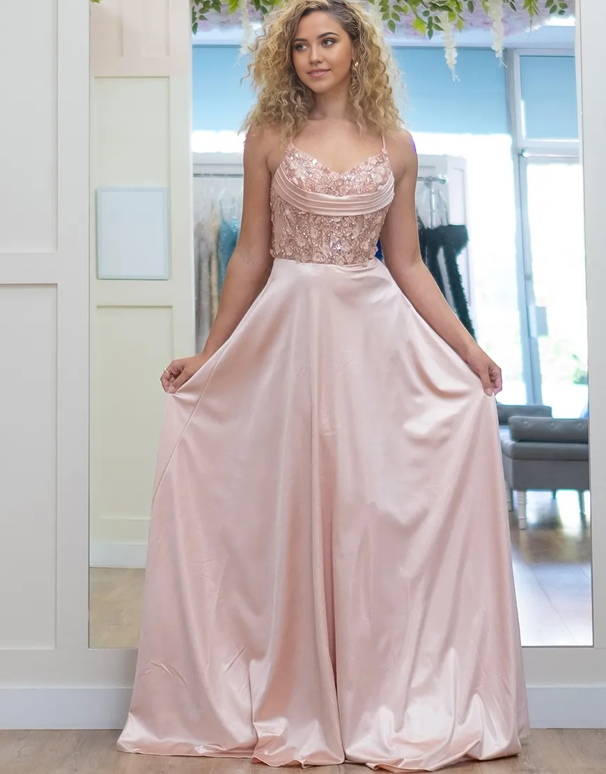 A-Line Sparkly Flowers Corset Spaghetti Straps Pink Long formal dresses evening gown Prom Dress