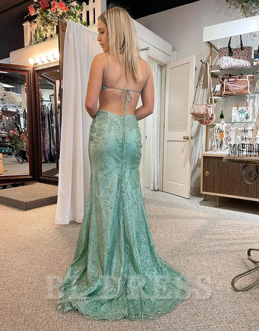 Mermaid Sparkly Spaghetti Straps Wrap Appliques Green Long formal dresses evening gown Prom Dress with Slit