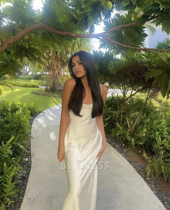 Simple Spaghetti Straps Satin White Long formal dresses Bridesmaid Dresses evening gown Prom Dress