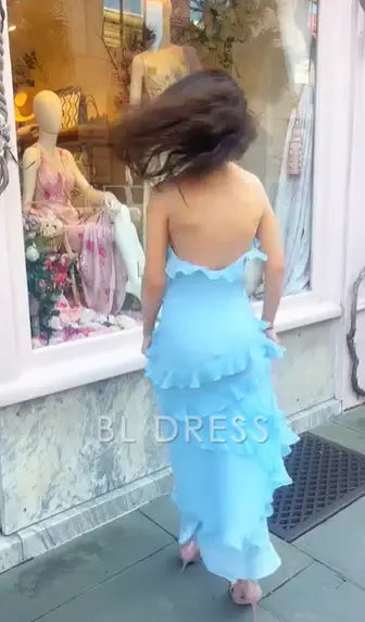 Sheath Elegant Spaghetti Straps Backless Blue Ruffle Chiffon formal dresses Bridesmaid Dresses evening gown Prom Dress