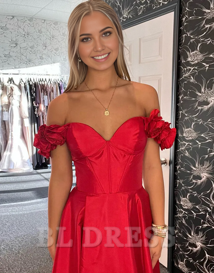 A-Line Flowers Off the Shoulder Corset Satin Red Long formal dresses Bridesmaid Dresses evening gown Prom Dress with Slit