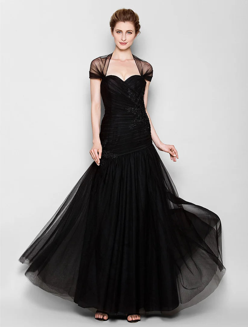 Mother of the Bride Dress Queen Anne Floor Length Tulle Short Sleeve No with Criss Cross Appliques