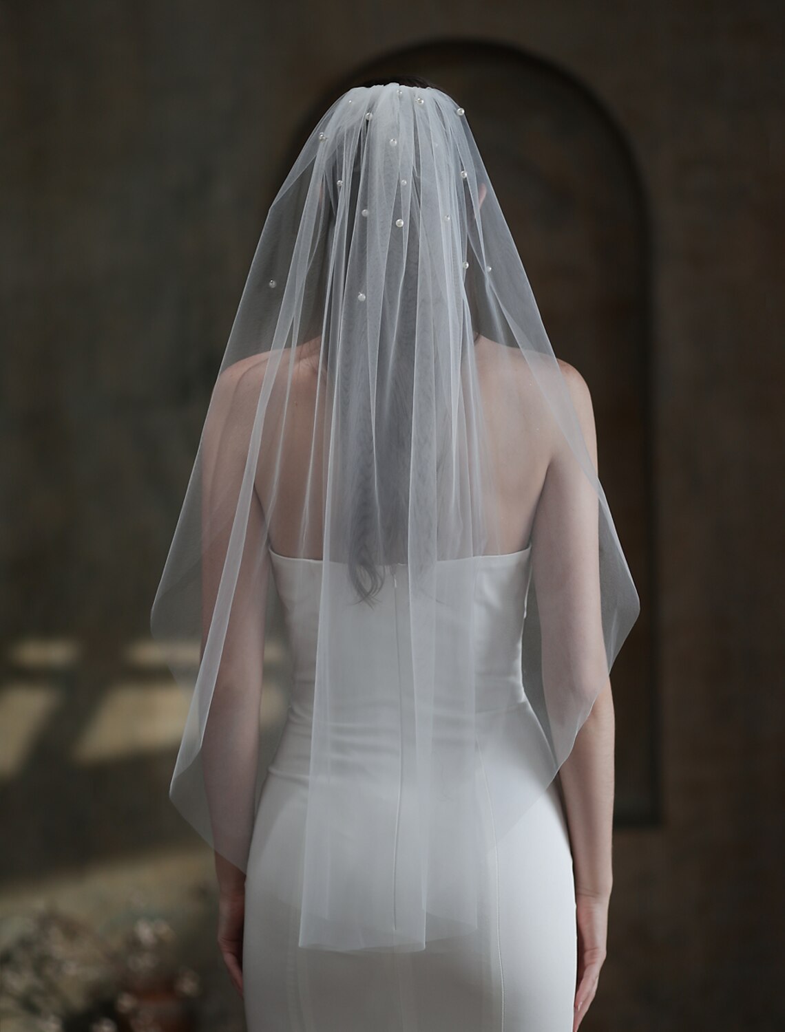 One-tier / Pearls Wedding Veil Fingertip Veils with Faux Pearl Tulle