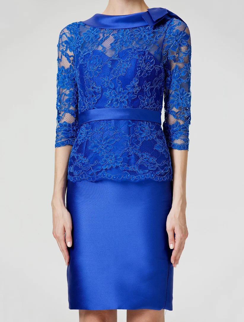 Sheath / Column Mother of the Bride Dress Formal Elegant Vintage Inspired High Neck Knee Length Stretch Satin Sheer Lace 3/4 Length Sleeve No with Sash / Ribbon Bow(s)