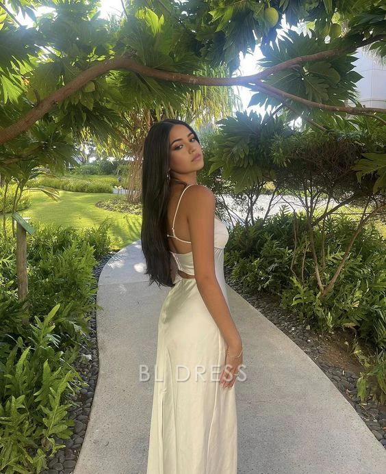 Simple Spaghetti Straps Satin White Long formal dresses Bridesmaid Dresses evening gown Prom Dress