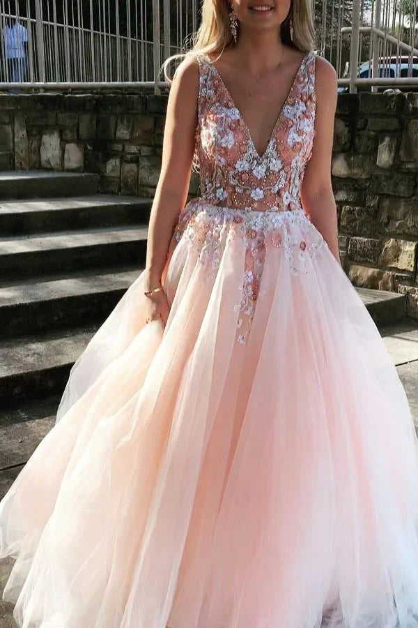 A-line V-neck Charming Tulle Party Dresses Graduation Gown Prom Dresses