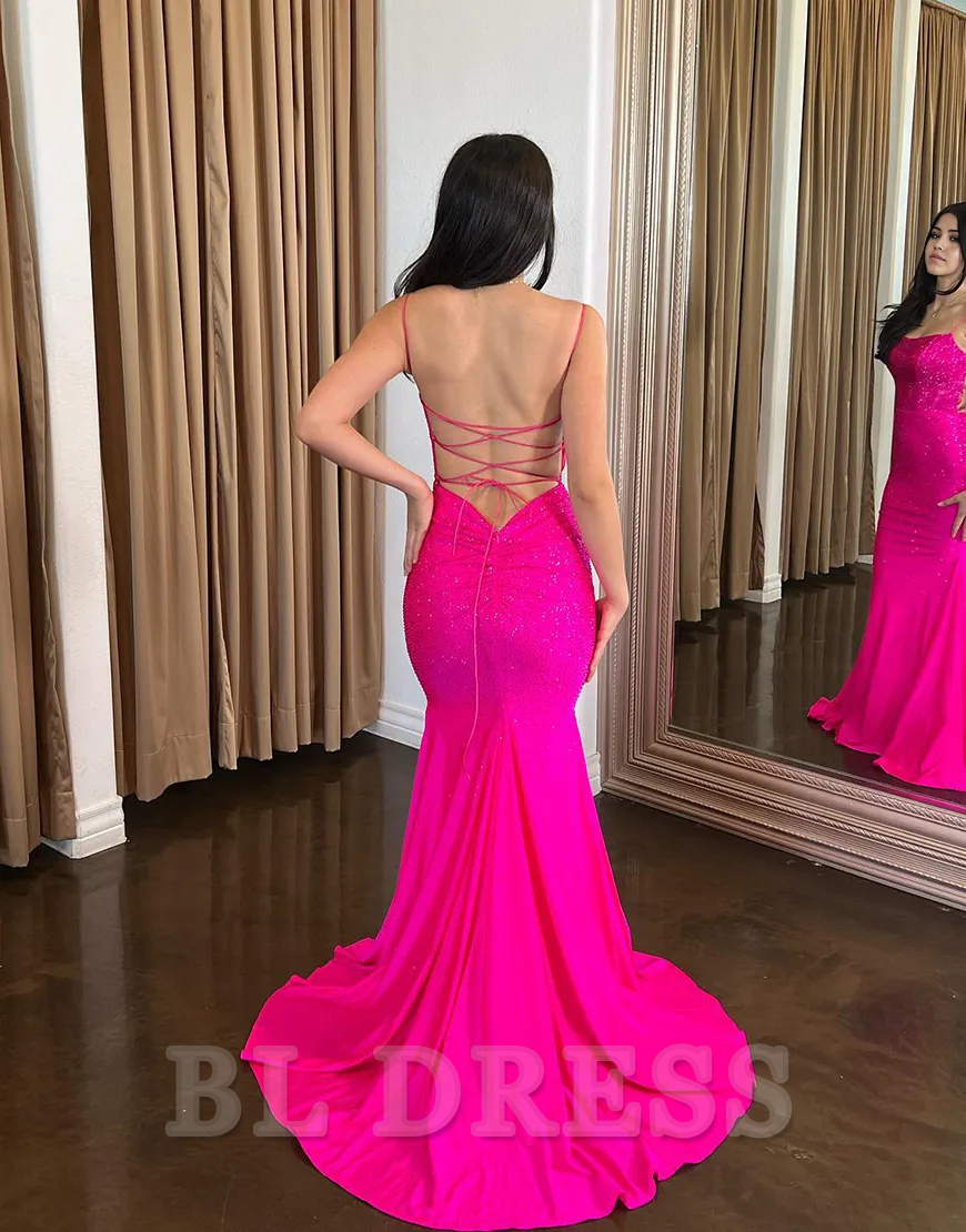 Mermaid Sparkly Beaded Spaghetti Straps Satin Fuchsia Long formal dresses evening gown Prom Dress