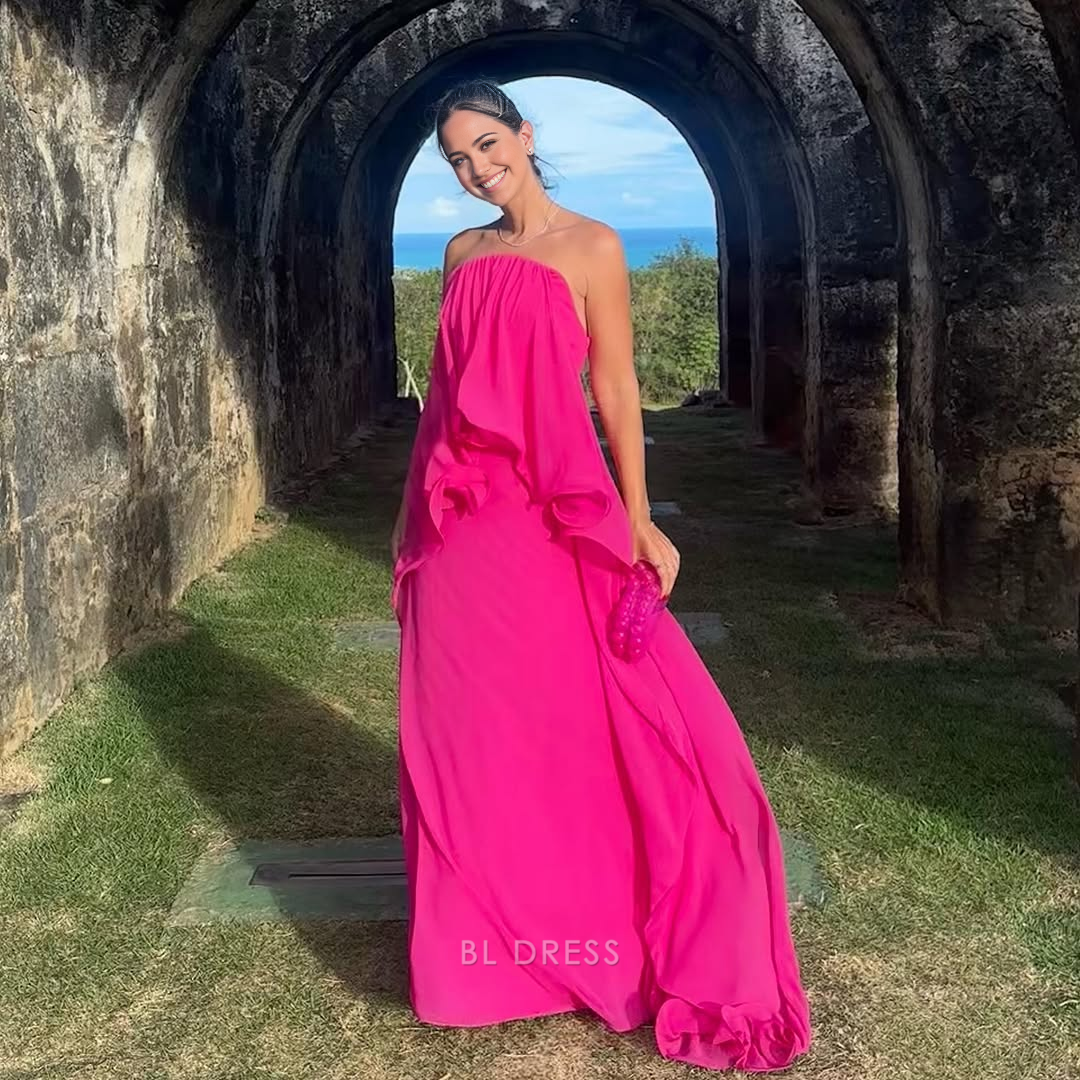 Ruffle Hot Pink Chiffon Long formal dresses Bridesmaid Dresses evening gown Prom Dress