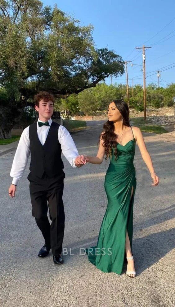 Mermaid Spaghetti Straps Green Long formal dresses Bridesmaid Dresses evening gown Prom Dress With Slit