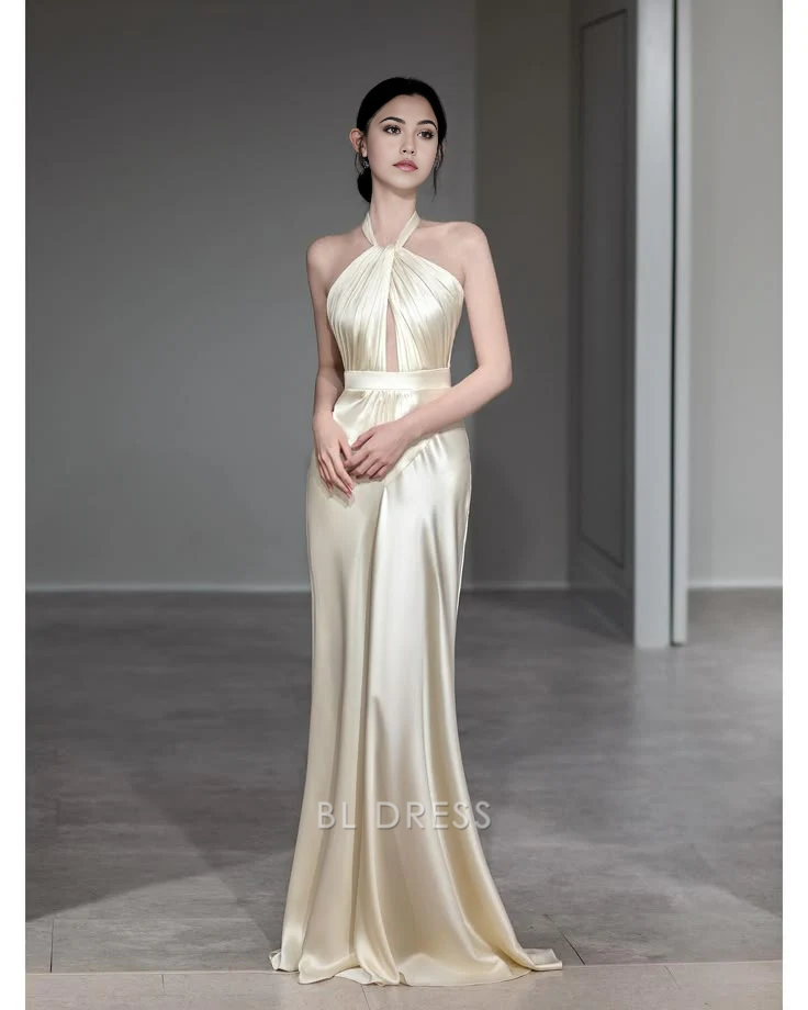 Mermaid Halter Satin Long formal dresses Bridesmaid Dresses evening gown Prom Dress